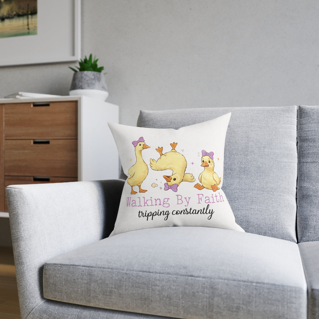 Walking By Faith Tripping Constantly Throw Pillow — Cute Ducklings Inspirational Decorative Pillow