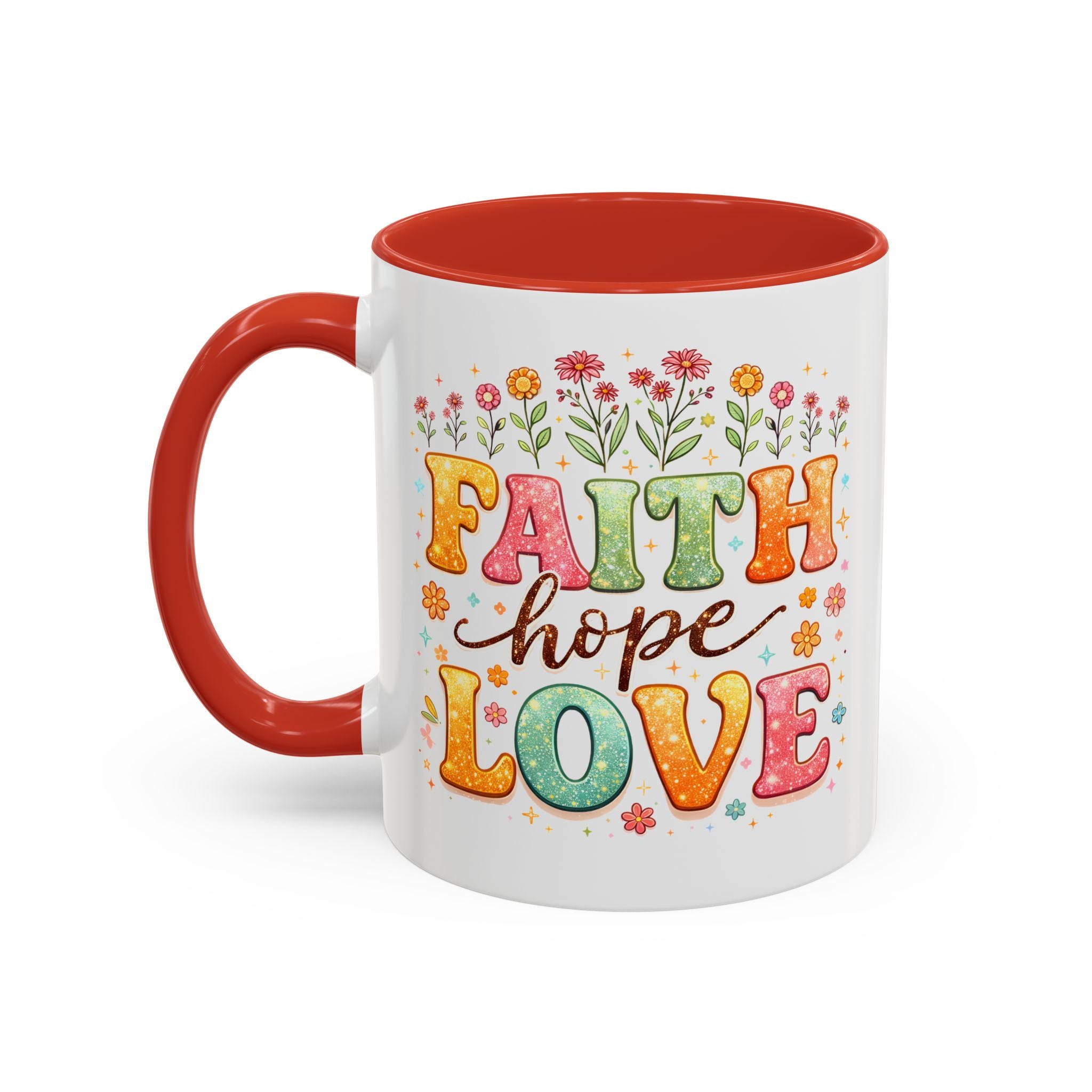Faith Hope Love Accent Coffee Mug — Inspirational Floral Ceramic Mug (11/15 oz)
