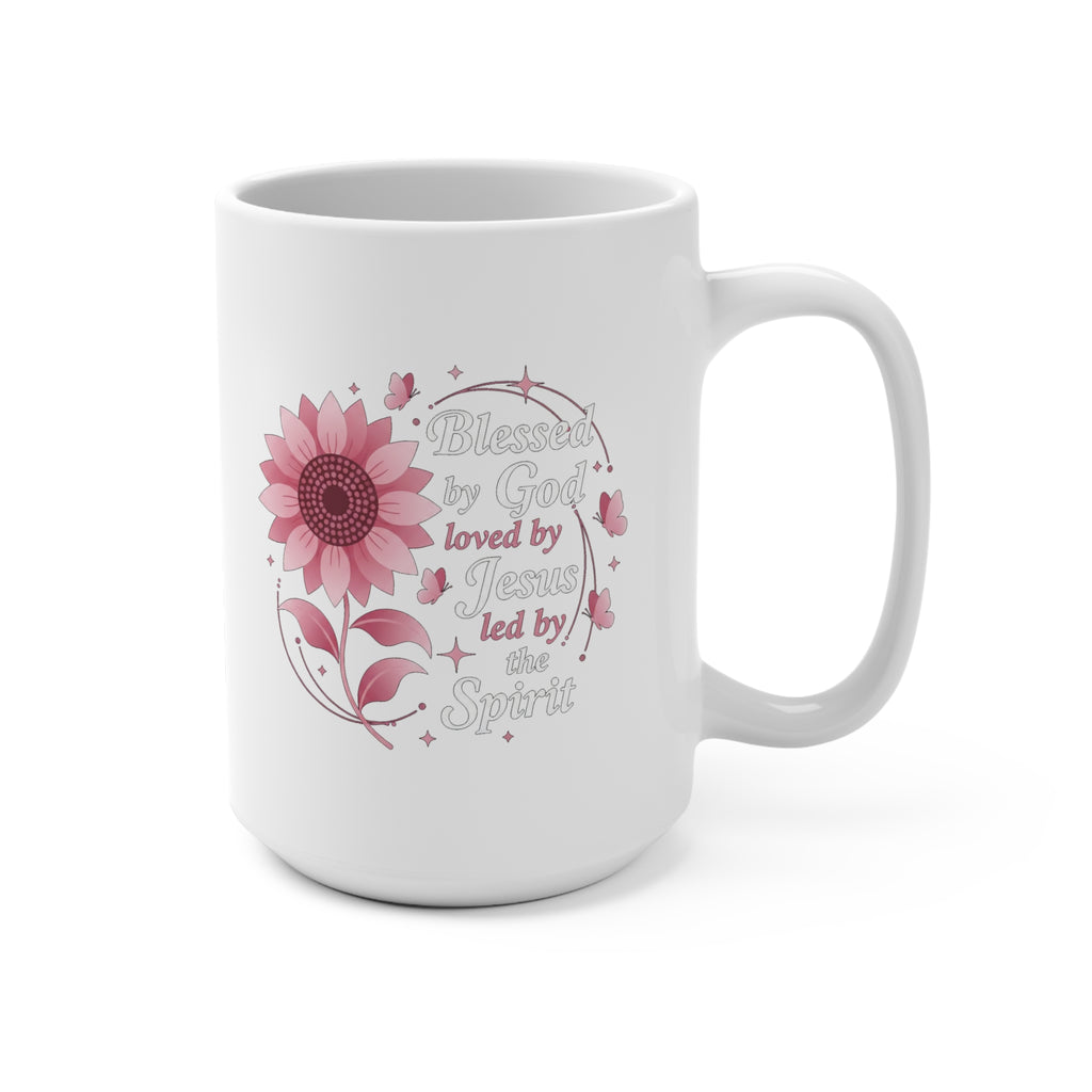 15oz Floral Faith Mug — "Blessed by God, loved by Jesus, led by the Spirit"