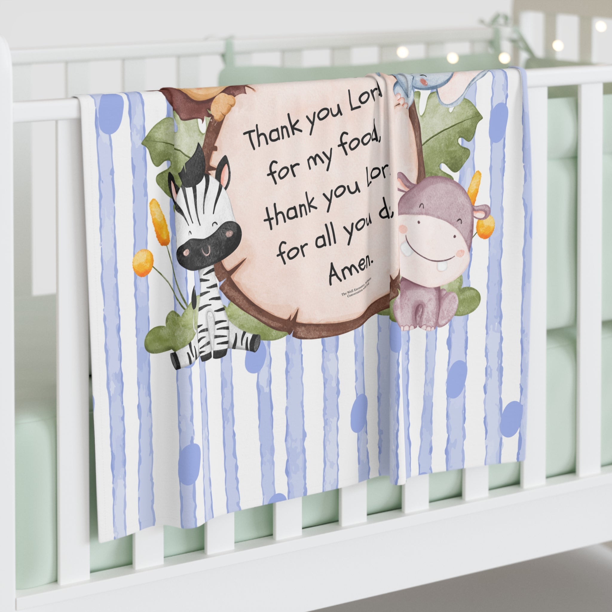Baby Swaddle Blanket - Blue Jungle Animals with Prayer: "Thank you Lord for my food" (Newborn Gift)
