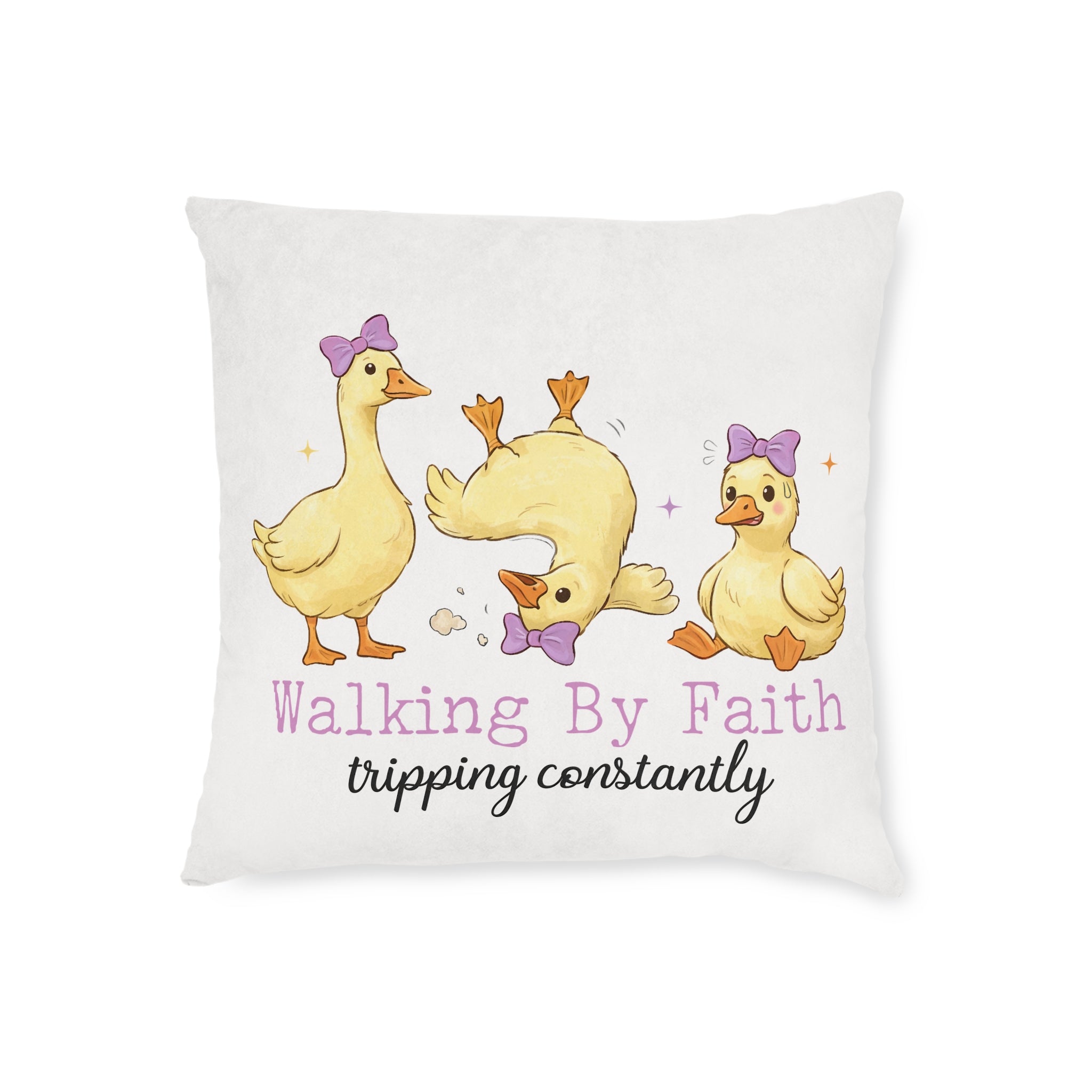 Walking By Faith Tripping Constantly Throw Pillow — Cute Ducklings Inspirational Decorative Pillow
