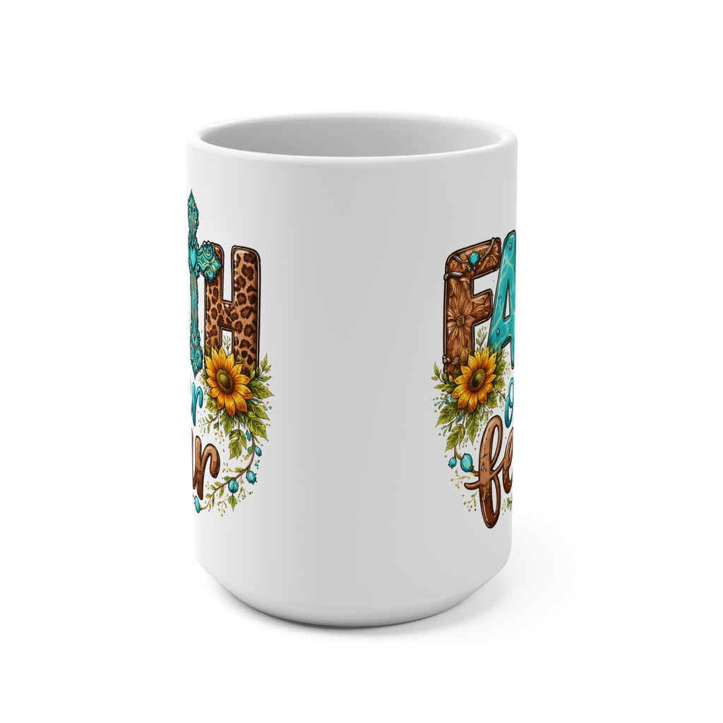 Faith Over Fear 15oz Ceramic Mug — Christian Inspirational Coffee Cup with Cross & Sunflower Design