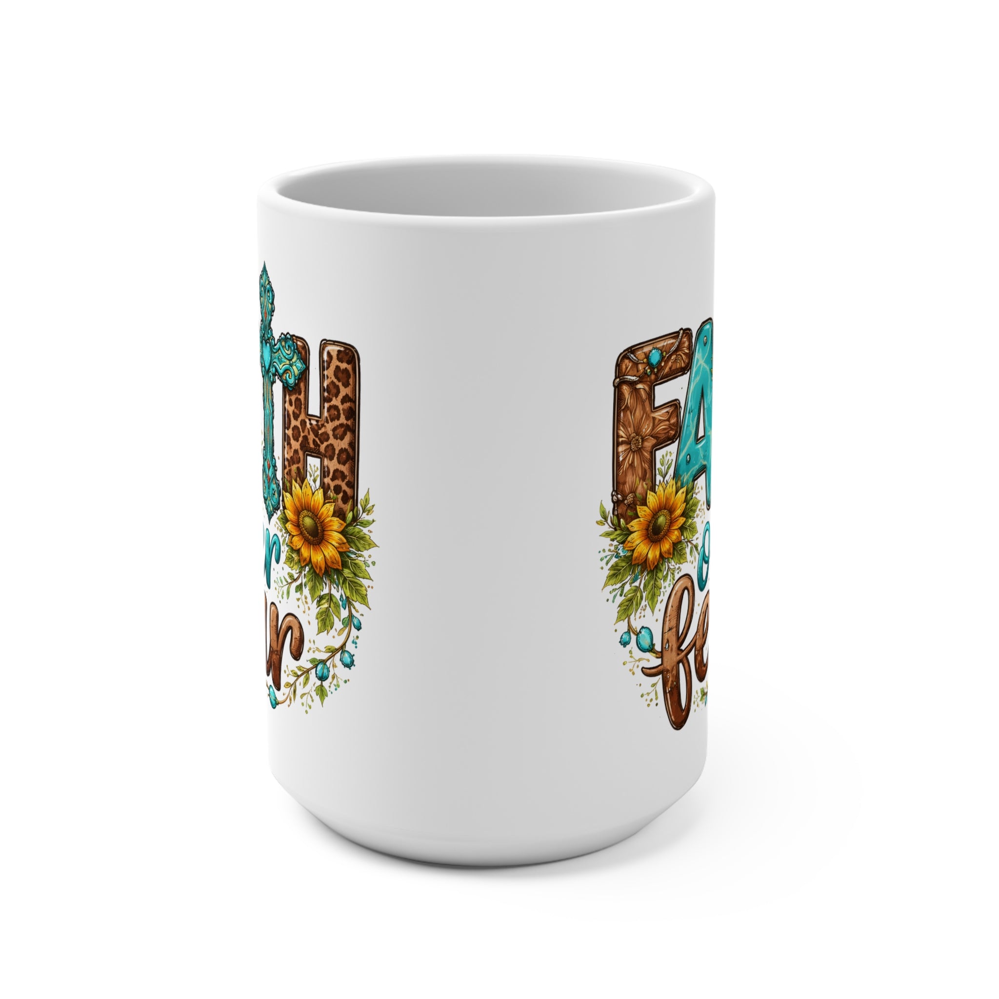 Faith Over Fear 15oz Ceramic Mug — Christian Inspirational Coffee Cup with Cross & Sunflower Design
