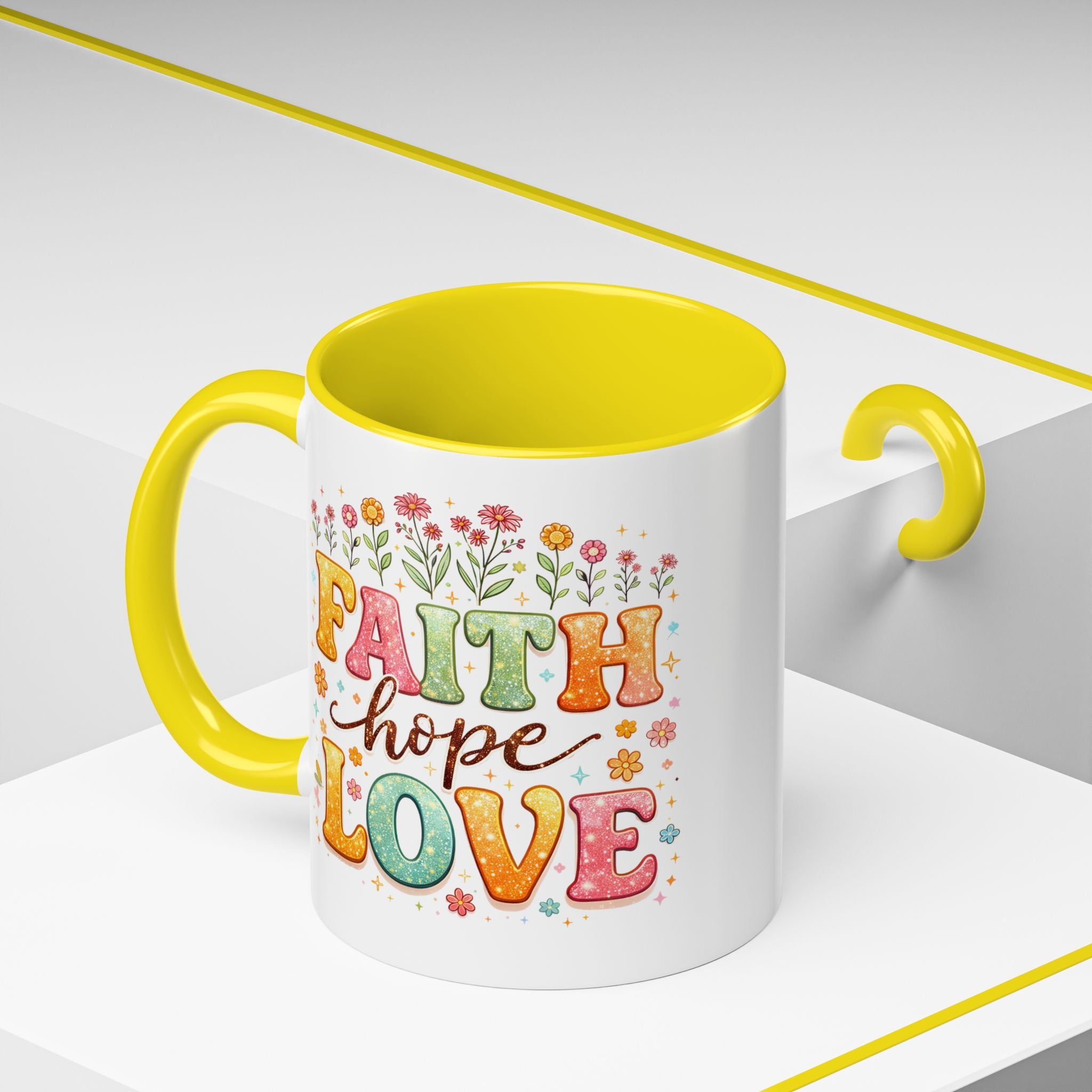 Faith Hope Love Accent Coffee Mug — Inspirational Floral Ceramic Mug (11/15 oz)
