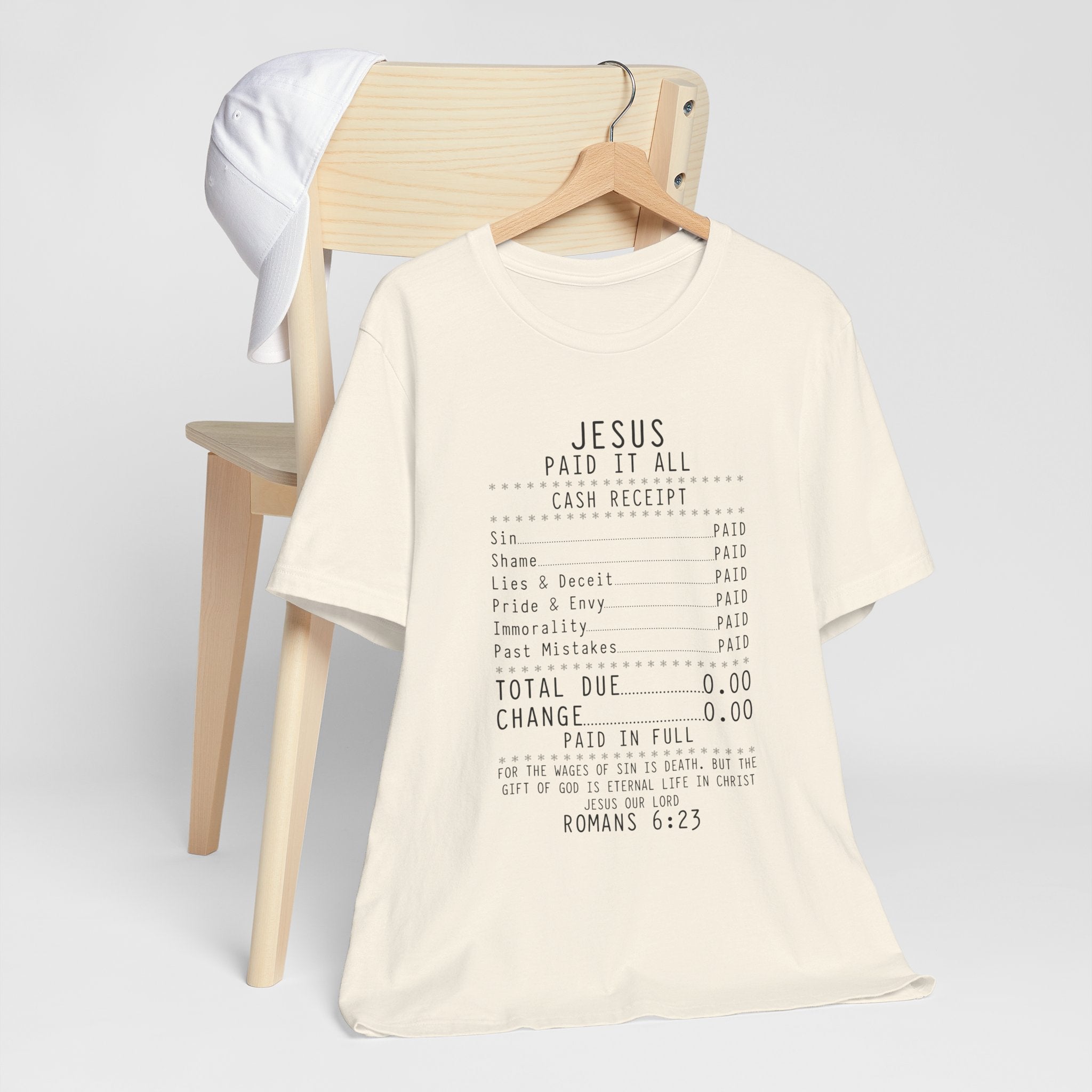 Christian T-Shirt — "Jesus Paid It All" Receipt Design (Romans 6:23)