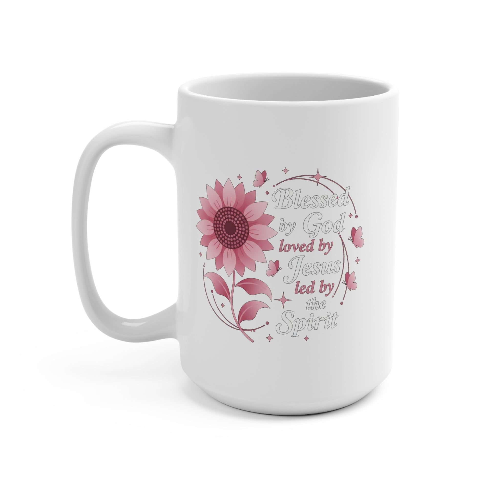15oz Floral Faith Mug — "Blessed by God, loved by Jesus, led by the Spirit"
