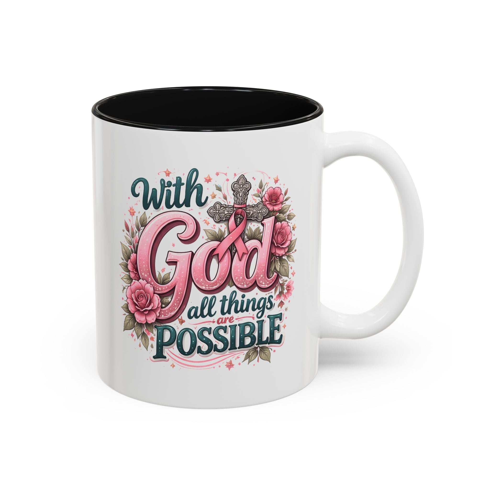 Mug — "With God All Things Are Possible" Floral Two-Tone Accent Coffee Mug