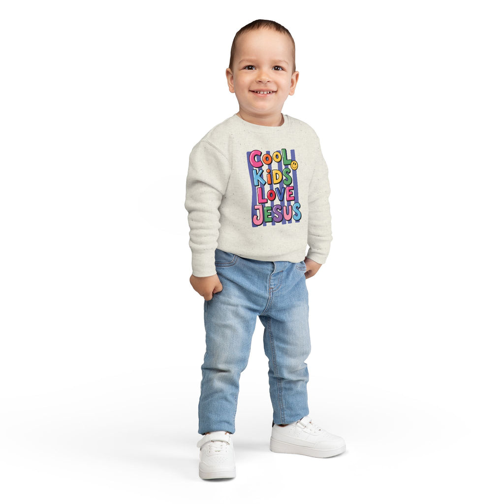 Toddler Sweatshirt — "Cool Kids Love Jesus" Colorful Christian Kids Crewneck