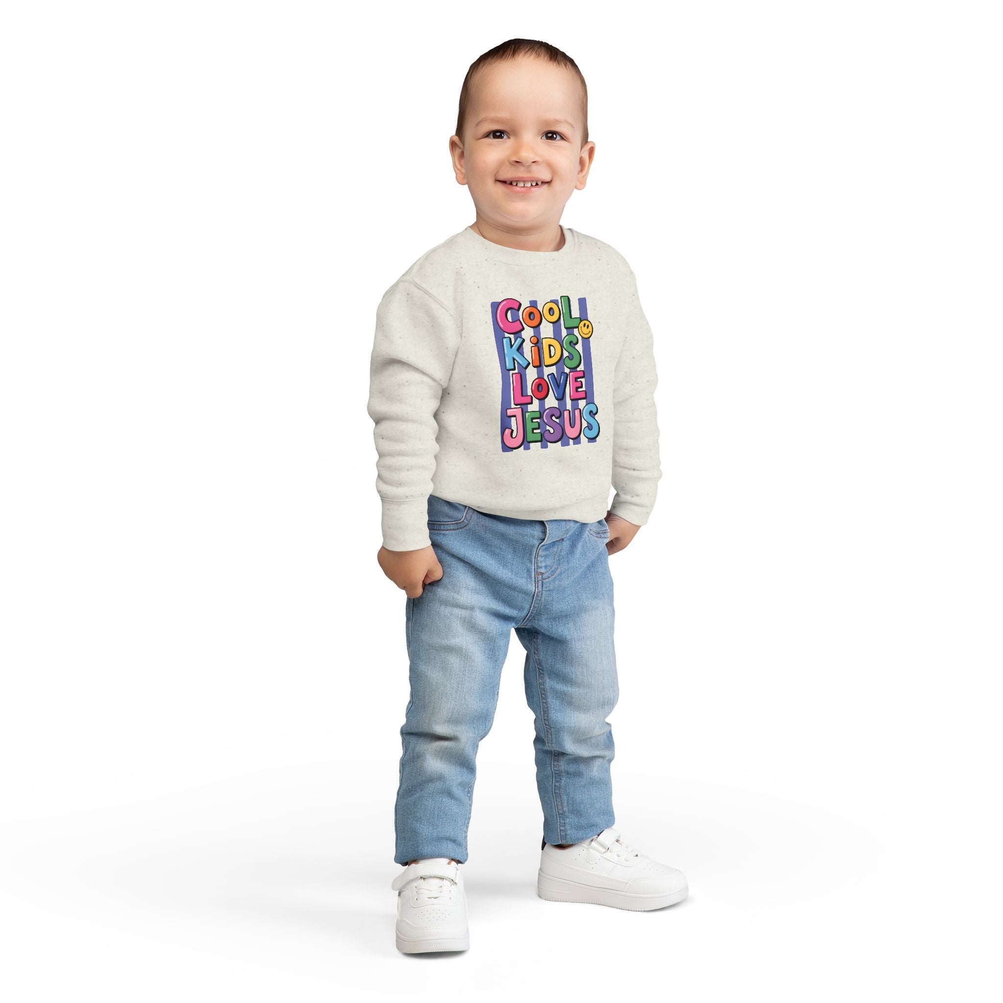 Toddler Sweatshirt — "Cool Kids Love Jesus" Colorful Christian Kids Crewneck