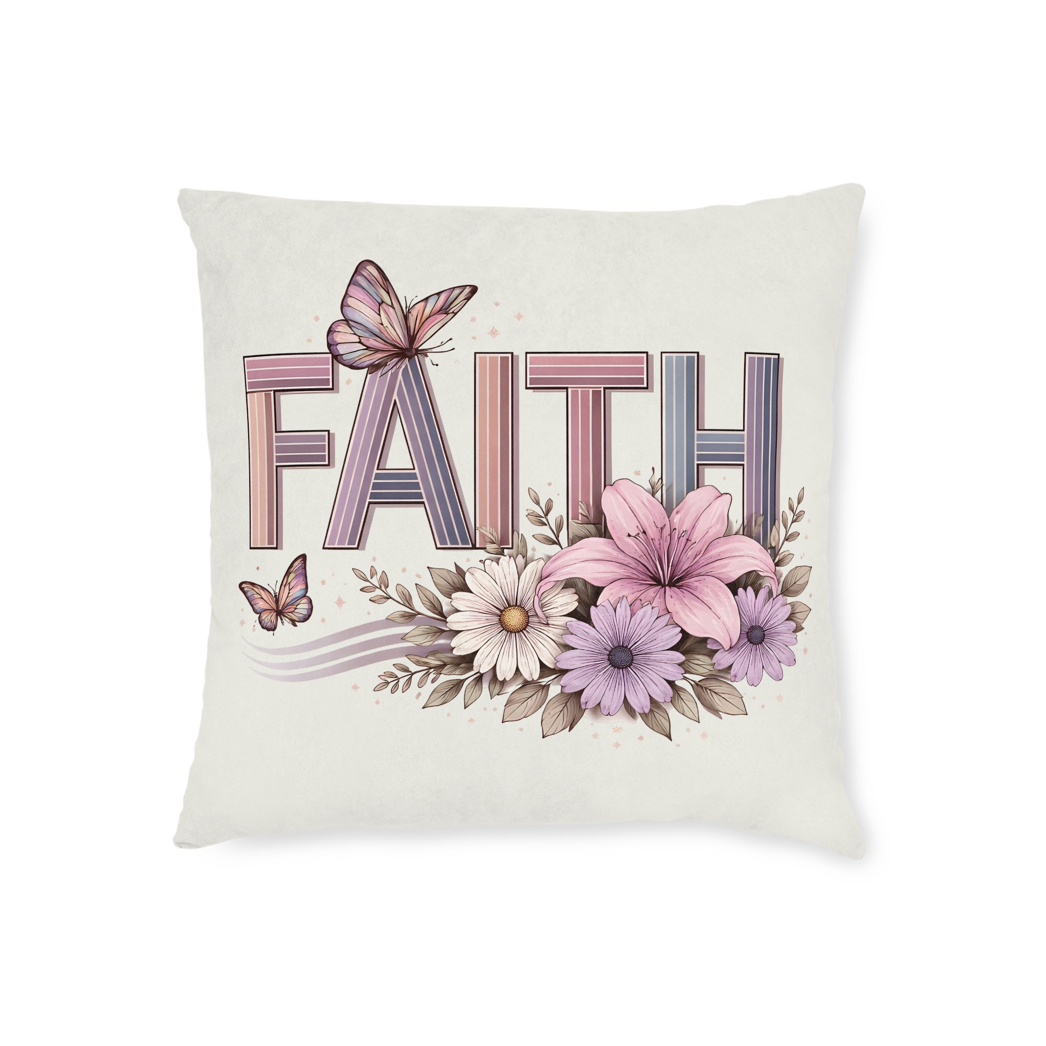 Faith Floral Square Pillow — Pastel Butterfly Decorative Throw Pillow