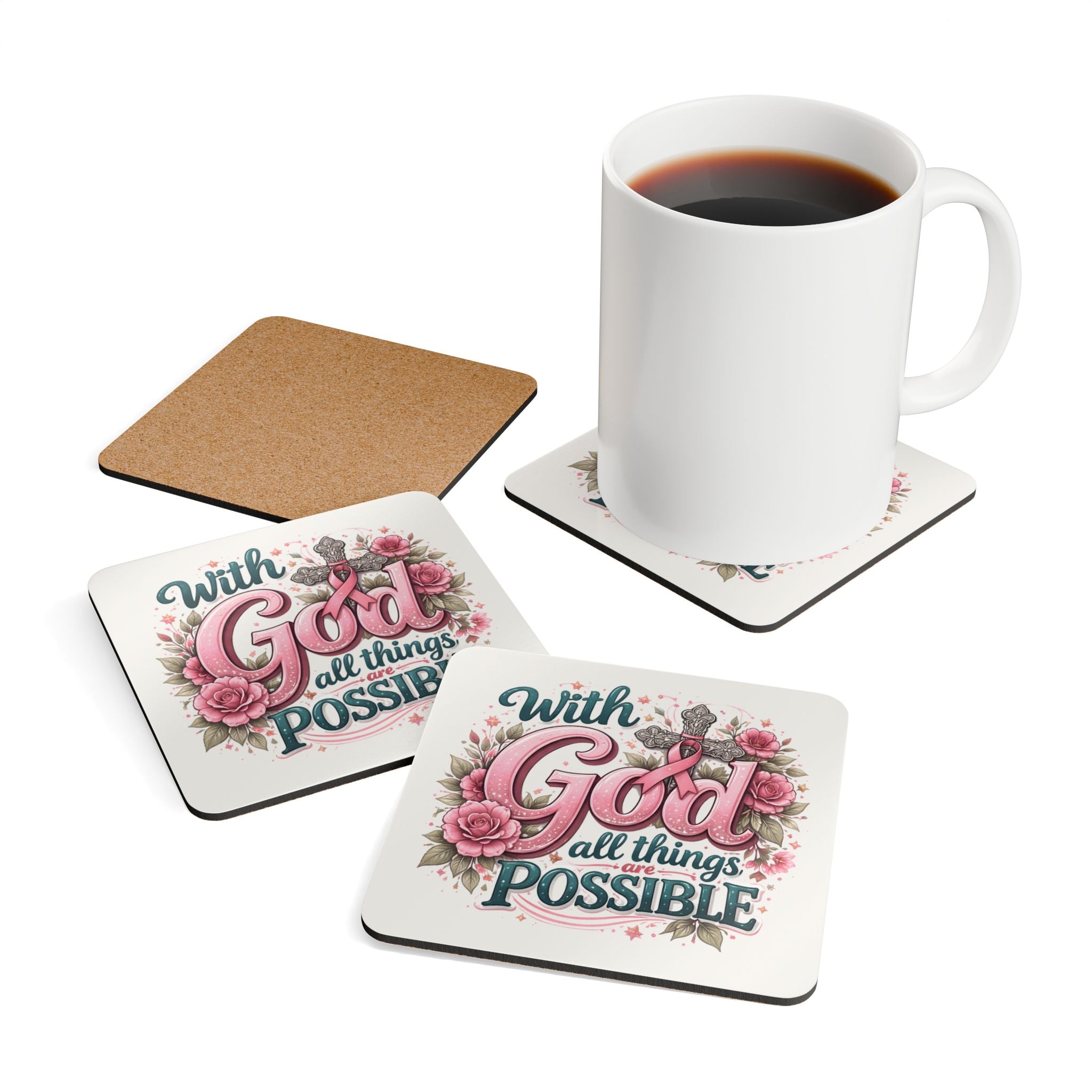 Faith Coaster Set — "With God All Things Are Possible" Religious Cork Drink Coasters (Pink Ribbon Floral)