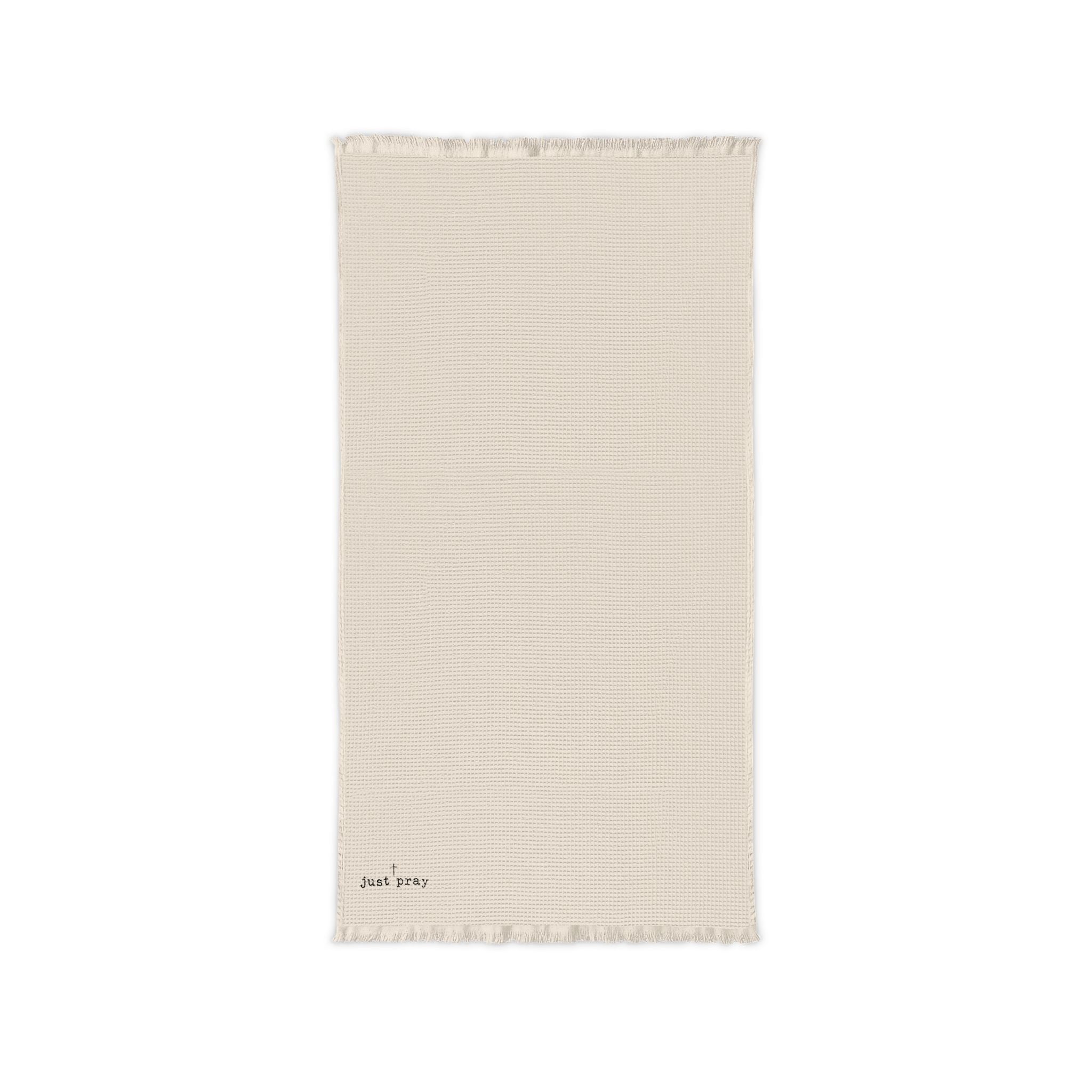 "Just Pray" Embroidered Cotton Waffle Throw Blanket — Neutral Fringed Throw for Cozy Living