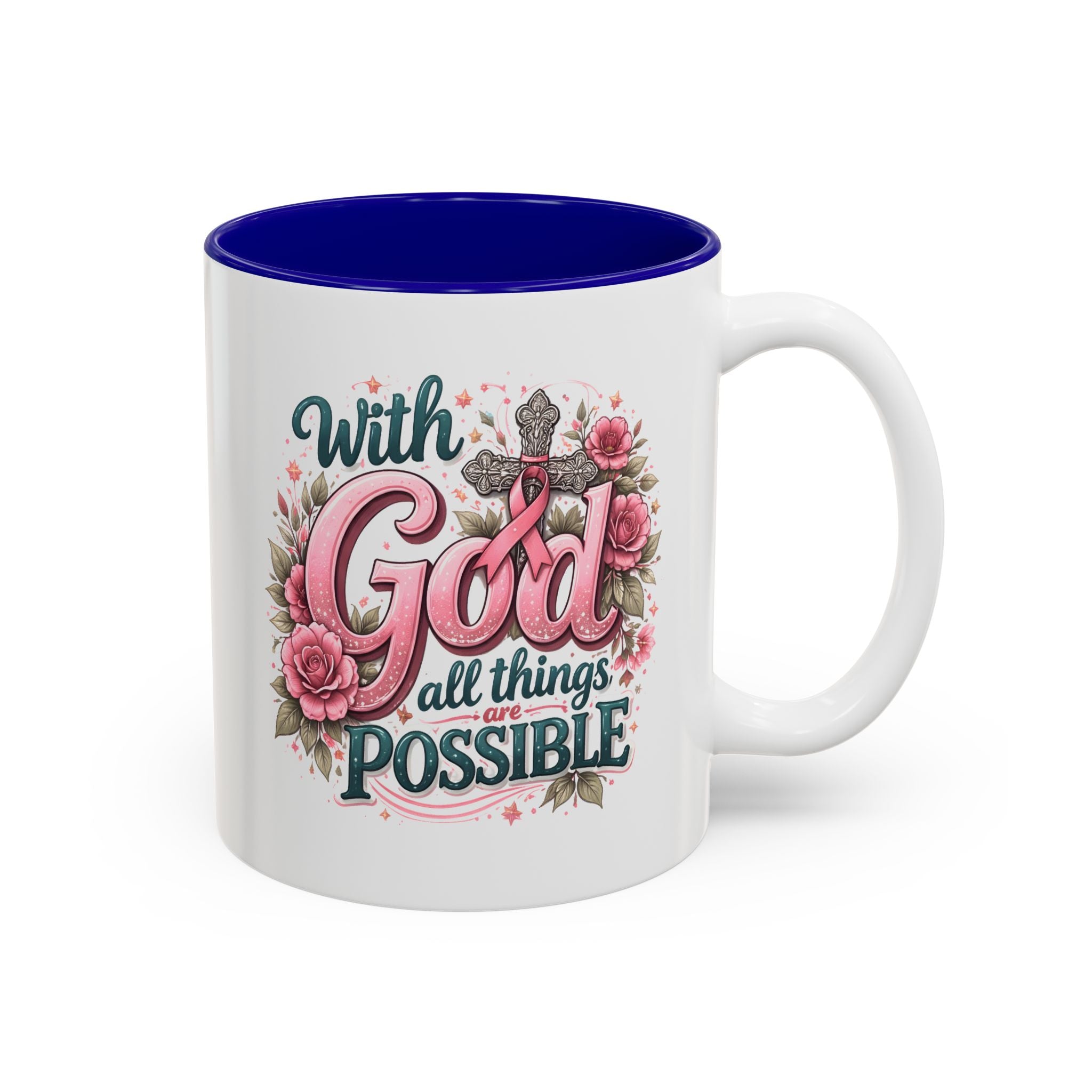Mug — "With God All Things Are Possible" Floral Two-Tone Accent Coffee Mug