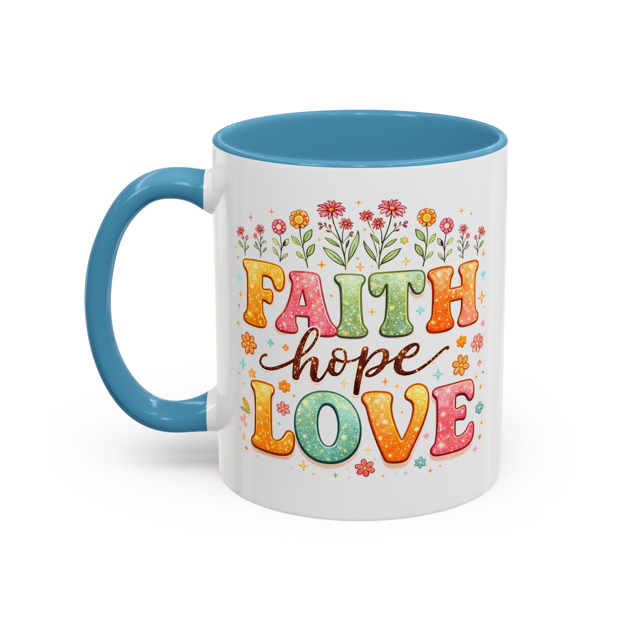 Faith Hope Love Accent Coffee Mug — Inspirational Floral Ceramic Mug (11/15 oz)