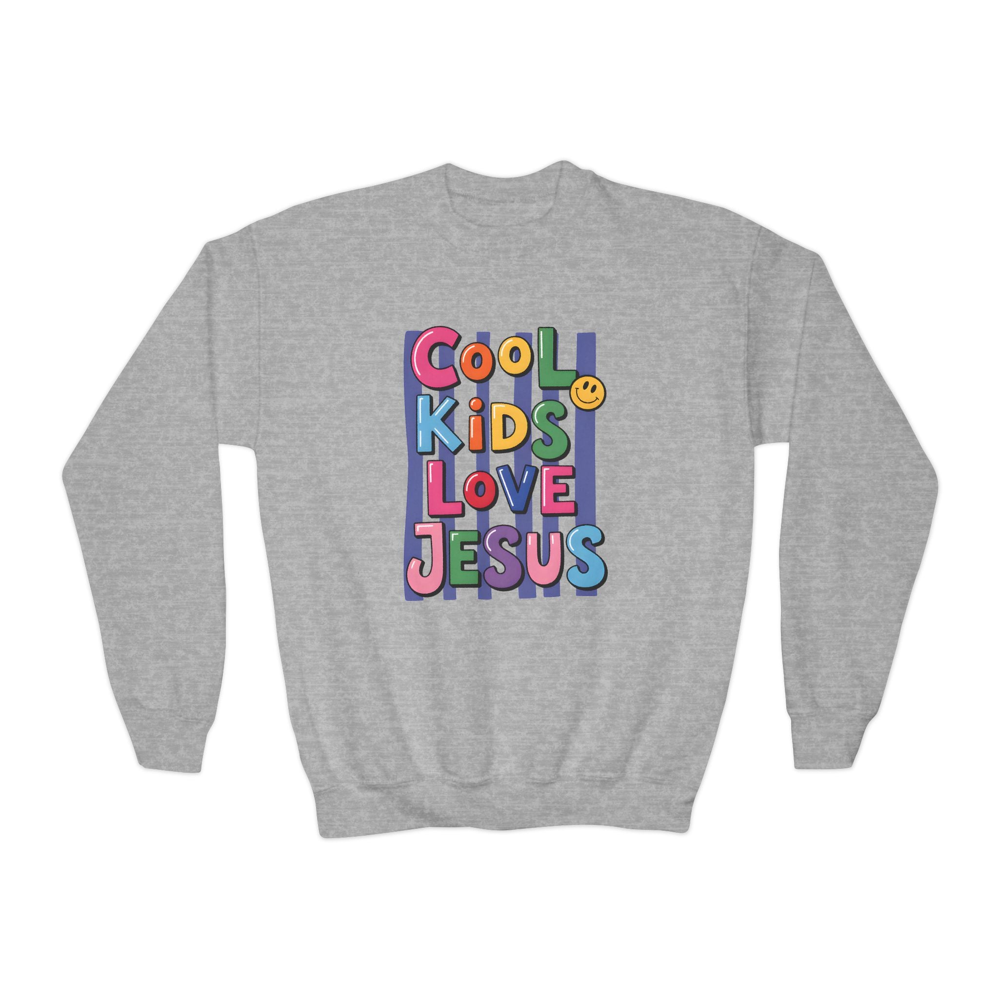 Youth Crewneck Sweatshirt — "Cool Kids Love Jesus" Colorful Christian Graphic