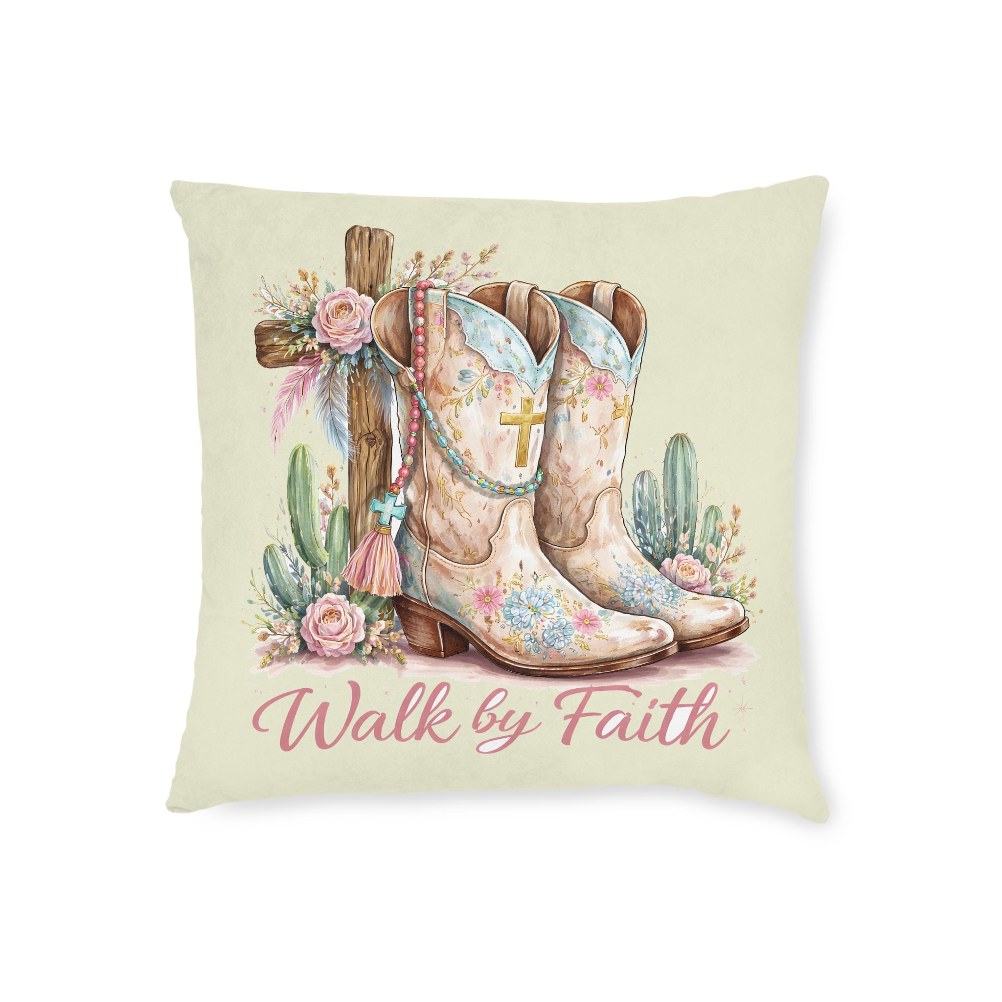 Walk By Faith Cowboy Boot Throw Pillow — Floral Western Faith Home Decor