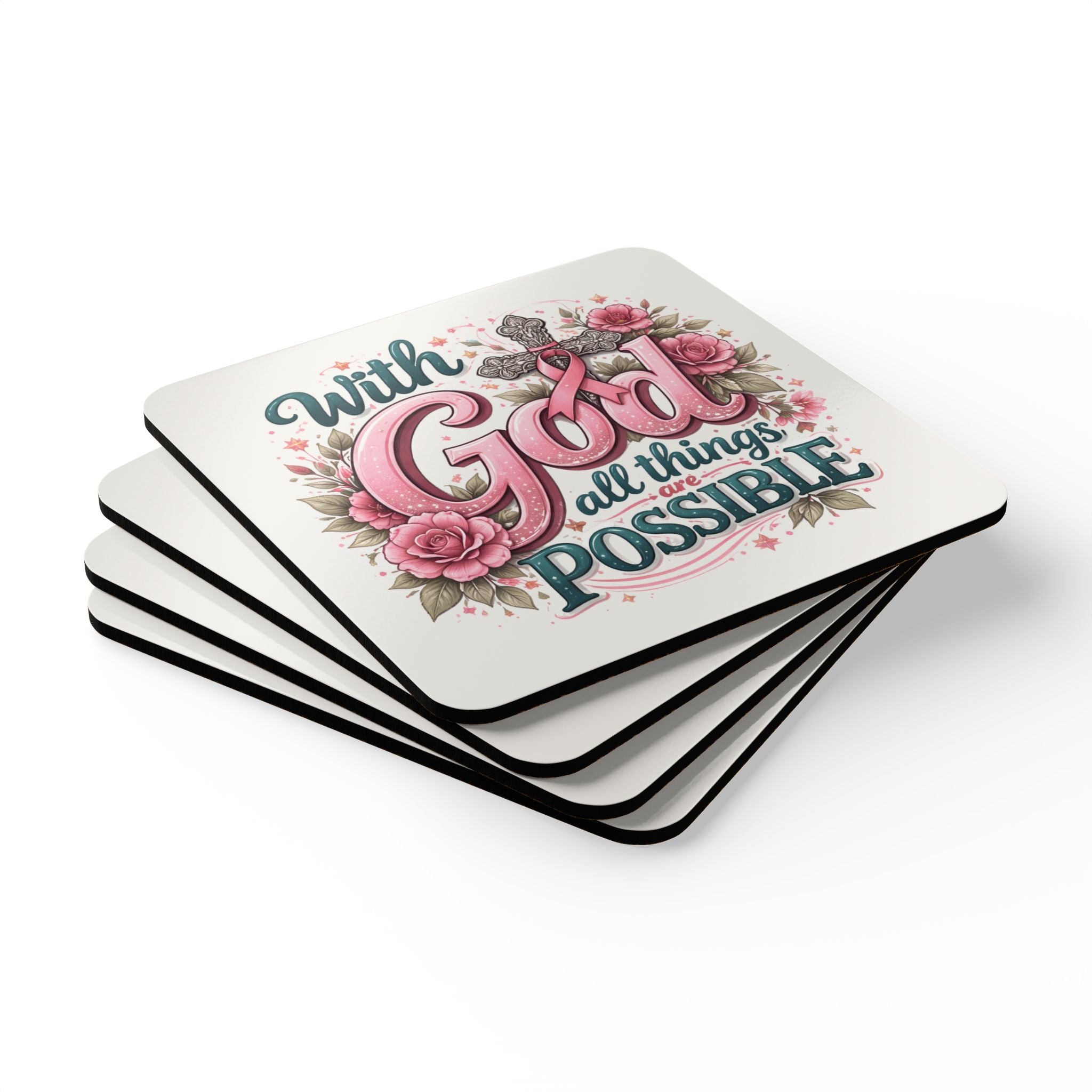 Faith Coaster Set — "With God All Things Are Possible" Religious Cork Drink Coasters (Pink Ribbon Floral)