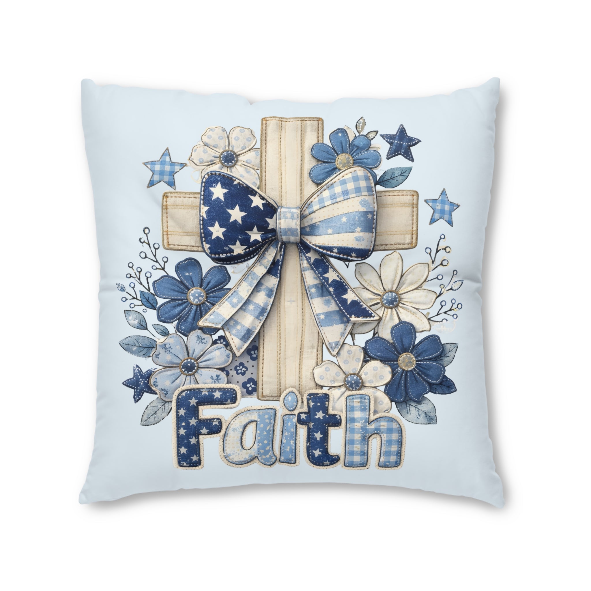 Faith Cross Tufted Floor Pillow — Blue Rustic Floral Accent